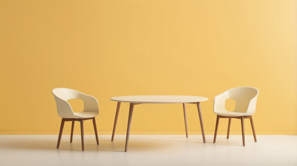 Obraz premium Chair table. Minimal style Two chair and table on yellow background. Simple Furniture style.