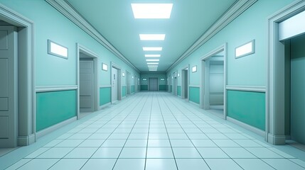 Empty modern hospital corridor, clinic hallway interior background