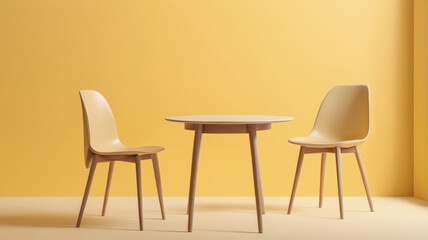 Chair table. Minimal style Two chair and table on yellow background. Simple Furniture style.