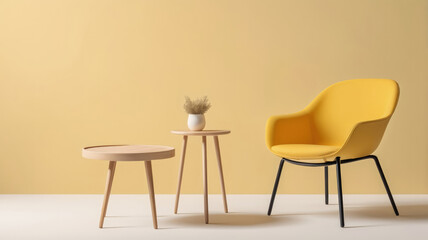 Chair table. Minimal style chair and table on yellow background. Simple Furniture style.