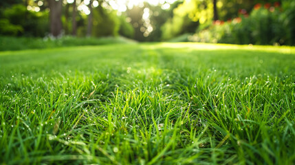 Close-up of a freshly mowed lawn with a clear path of cut grass