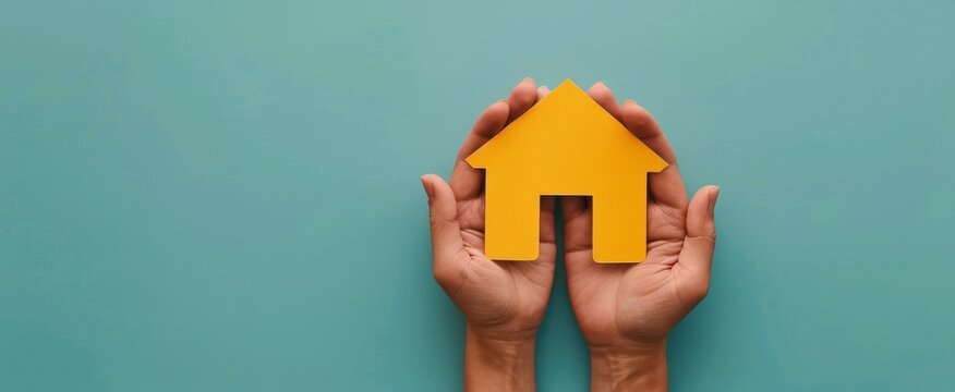 Hands Holding Paper House Cutout Against Blue Background