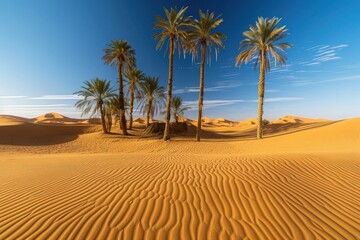 The vast Sahara Desert under a clear blue sky, with towering sand dunes creating stunning patterns of light and shadow