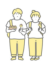 たこ焼きを食べる男女　イラスト