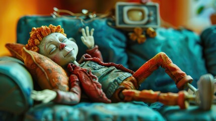 Fototapeta premium Plasticine character. Cocooning on the sofa watching TV.