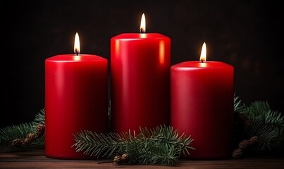 Three Red Candles With Pine Boughs