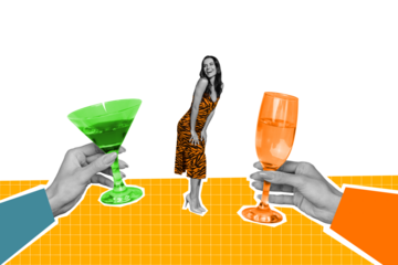 Full body photo collage of relaxed funny woman dancing chill carefree toast cheers drink mojito and champagne isolated on pink background