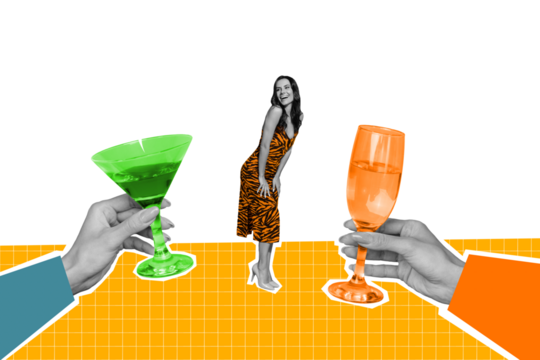 Full body photo collage of relaxed funny woman dancing chill carefree toast cheers drink mojito and champagne isolated on pink background