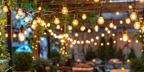 Deck Lights. Evening Garden Party Decor with String Bulb Lights for Stylish Outdoor Dining