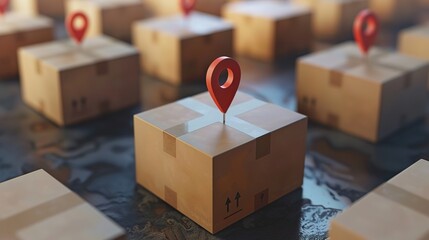 3D Animation of Map Pin Placed on Cardboard Box in Empty Grid: Illustrating Location-Based Services, Logistics, and Supply Chain Management with Surrounding Location Pins