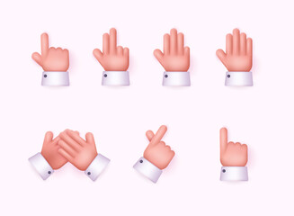 Fototapeta premium Hands set in cartoon 3d style. Hand shows different gestures signs. 3D Web Vector Illustrations.