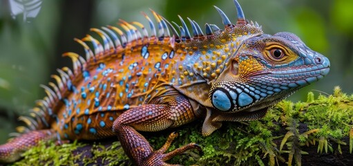 Obraz premium Colorful Spiny Lizard Resting on Moss-Covered Branch in Rainforest