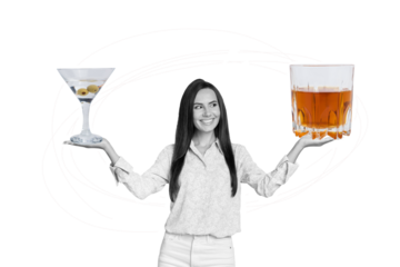 Collage picture of cheerful black white colors girl arms hold compare big martini whiskey glass isolated on checkered drawing blue background
