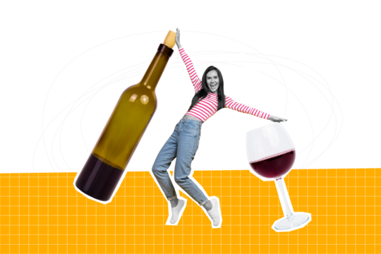 Collage image of carefree positive mini black white effect girl dancing huge wine bottle glass isolated on painted pink background
