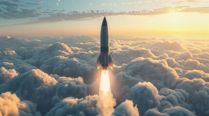 Combat rocket is flying above the clouds