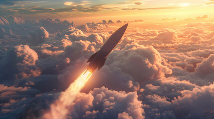 Combat rocket is flying above the clouds