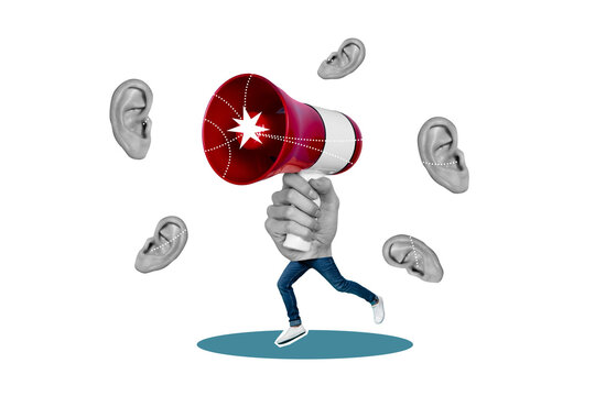 Collage portrait of black white effect arm hold loudspeaker run mini person legs communicate fake news ears listen isolated on drawing background