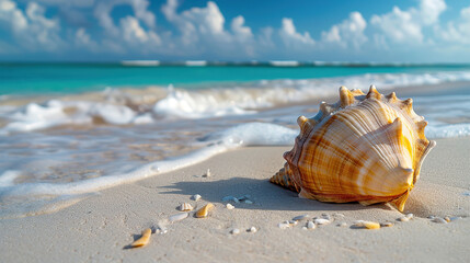 Obraz premium A beautiful conch shell on the white sandy beach of the Caribbean with a blue ocean in the background