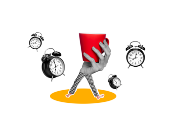 Collage portrait of black white effect arm mini human legs pajama hold fresh morning coffee bell ring clock isolated on blue background