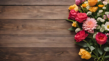 wooden background with flowers with empty space for greeting message.  Love and greeting concept design. AI generated image, ai