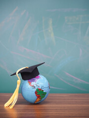 Earth globe with graduation hat. Copy space for text, Back to school, Education concept