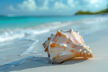 A beautiful conch shell on the white sandy beach of the Caribbean with a blue ocean in the background