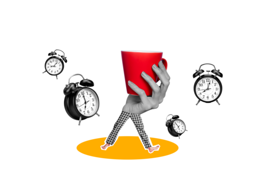 Collage portrait of black white effect arm mini human legs pajama hold fresh morning coffee bell ring clock isolated on blue background - Powered by Adobe