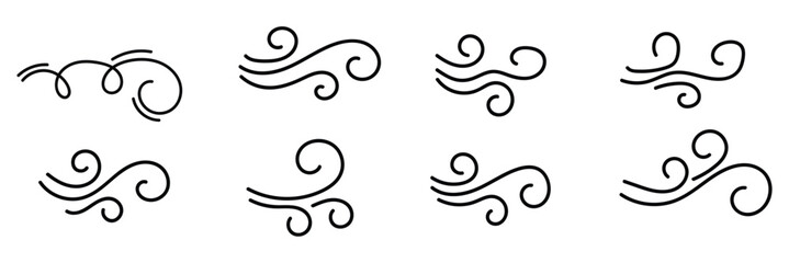 Doodle wind line sketch set. Hand drawn doodle wind motion, air blow, swirl elements. Sketch drawn air blow motion, smoke flow art, abstract line. Isolated on white background in eps 10.