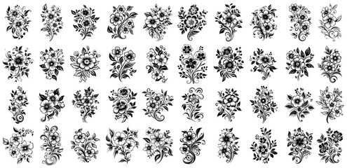 decorated black vector flowers and leaves composition big collection