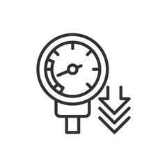 Hypotension, in line design. Hypotension, low blood pressure, BP monitoring, blood pressure, dizziness, fainting, lightheadedness on white background vector. Hypotension editable stroke icon.