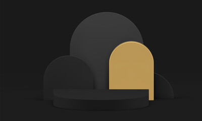 3d black podium with golden geometric wall background realistic vector illustration