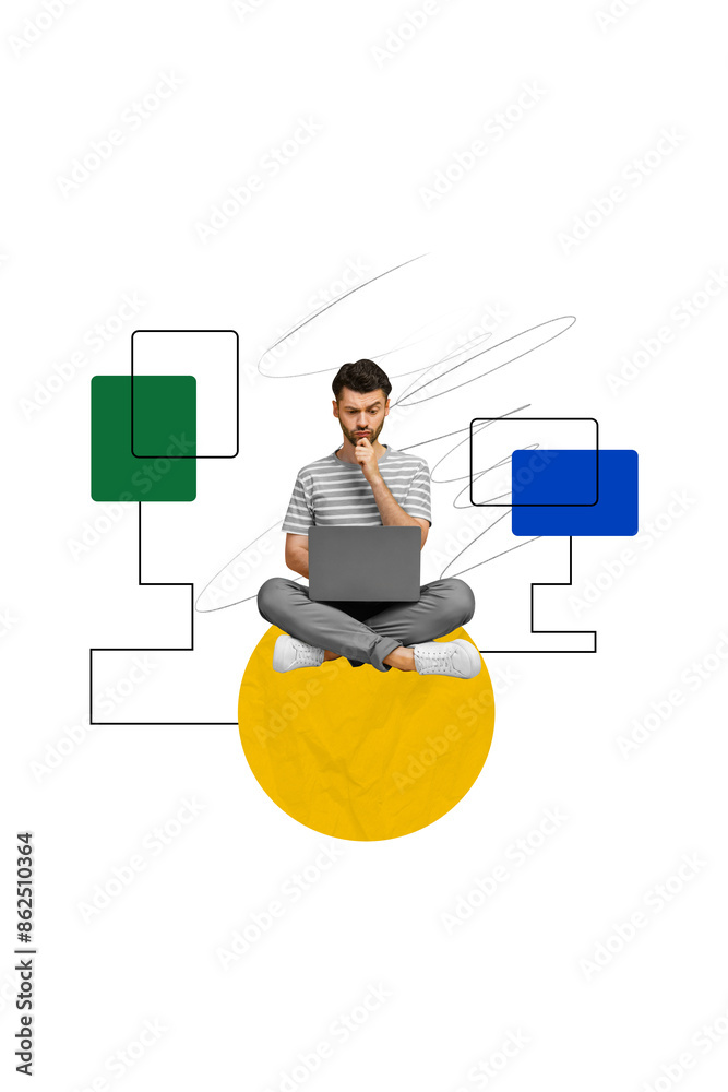 Poster vertical collage illustration picture sitting thoughtful young guy browsing computer studying tasks 