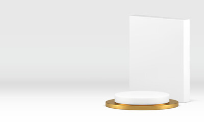 White 3d showroom golden podium with wall background for advertising realistic vector