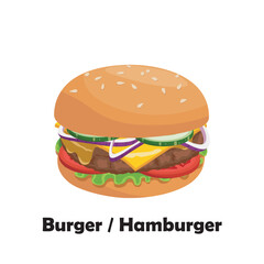 Hamburger illustration flat vector isolated on white background. Fast food. Unhealthy food.