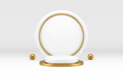 3d white golden podium pedestal mock up for luxury product show realistic vector illustration