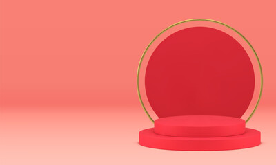 3d red golden cylinder podium pedestal for promo presentation realistic vector illustration