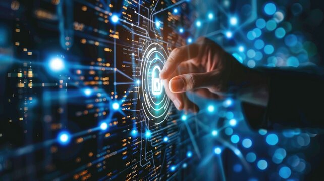 Finger touching futuristic interface with glowing digital patterns