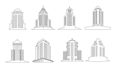 Fototapeta premium Collection of business skyscrapers in doodle style. Hand drawn vector art.