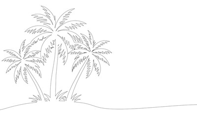 Palm trees island, one line continuous. Line art tropical island. Hand drawn vector art.
