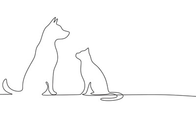 Dog and cat one line continuous. Line art Dog and Cat silhouette. Hand drawn vector art.
