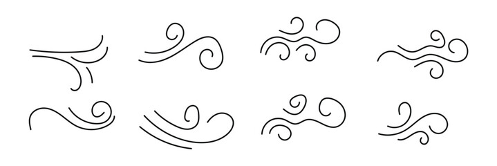 Wind doodle line shape set air wind flow spiral curve hand drawn doodle element cartoon speed wave. Vector illustration on white background in eps 10.
