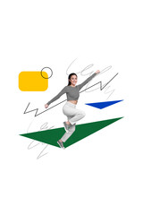 Vertical funny creative photo collage of young woman fly run with raised hands plan ambition goal forward concept on beige background