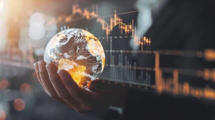 Businessman Holding Glowing Earth with Financial Graphs in Background Representing Global Economy and Technology