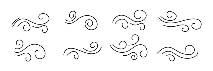 Wind doodle line shape set air wind flow spiral curve hand drawn doodle element cartoon speed wave. Vector illustration on white background in eps 10.