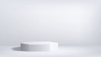 3D podium in minimalist studio background of monochrome gradient white color. Room or photo space with low platform and light spot. Empty vector template for product presentation, banner back.