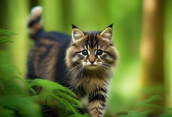 A beautiful cat sitting in a forest surrounded by trees and greenery