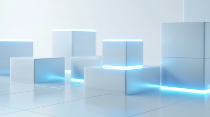 3D White Abstract Blocks with Blue Edges on White Background: Minimalistic and Modern 2D Flat Design in High Resolution