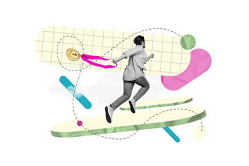 Naklejka premium Design collage illustration of running man carry his first place medal success triumph success challenge isolated on green background