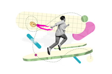 Design collage illustration of running man carry his first place medal success triumph success challenge isolated on green background