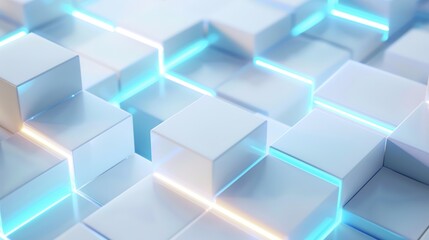 Obraz premium 3D White Abstract Blocks with Blue Edges on White Background: Minimalistic and Modern 2D Flat Design in High Resolution